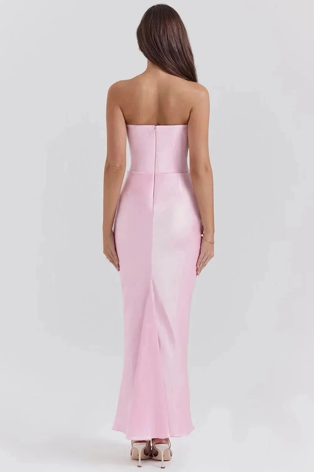 Pink Women's Strapless Ruched Midi Dress — Violetta Bustier Wedding Guest - Back View