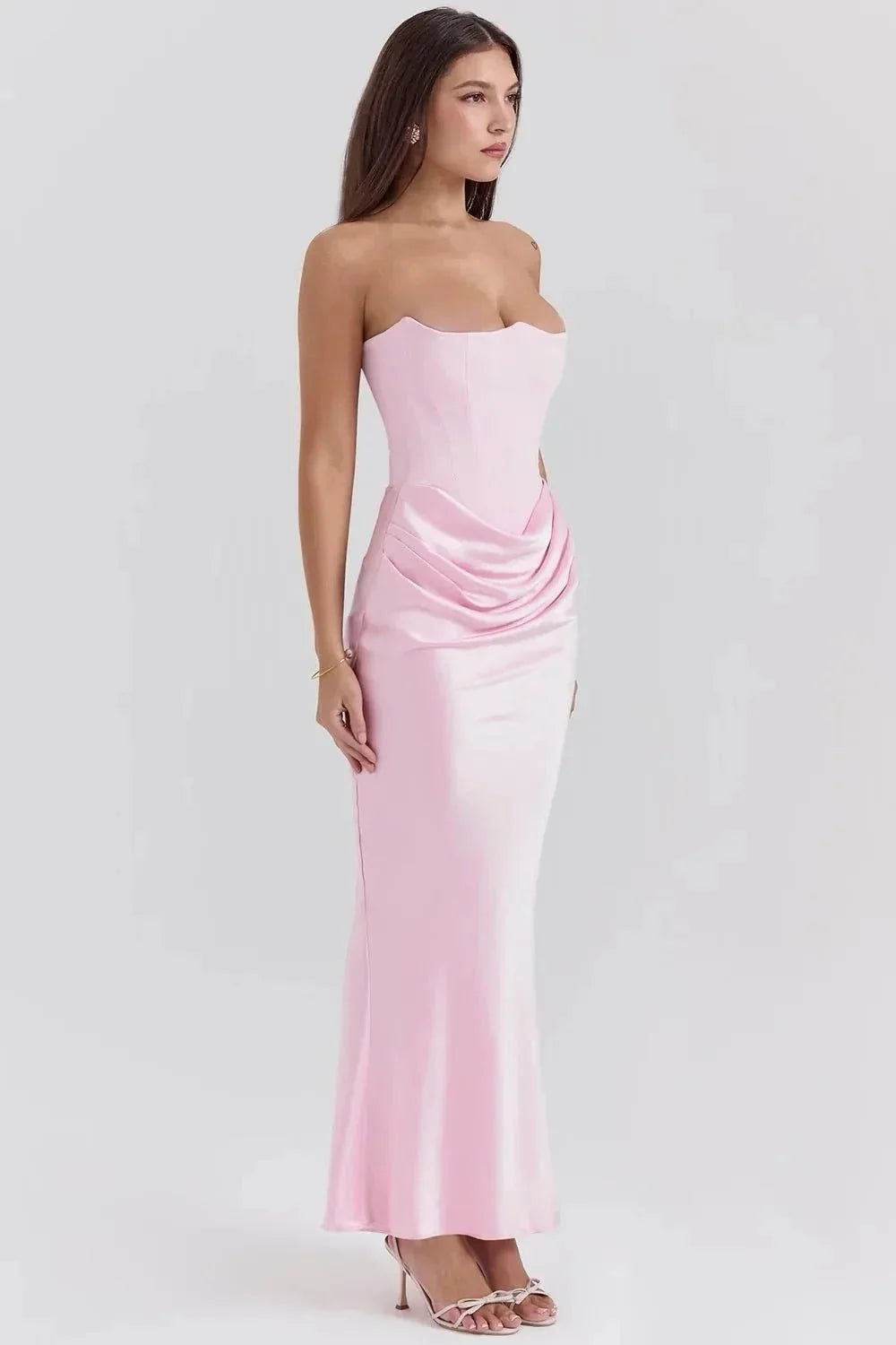 Pink Women's Strapless Ruched Midi Dress — Violetta Bustier Wedding Guest - Side Angle