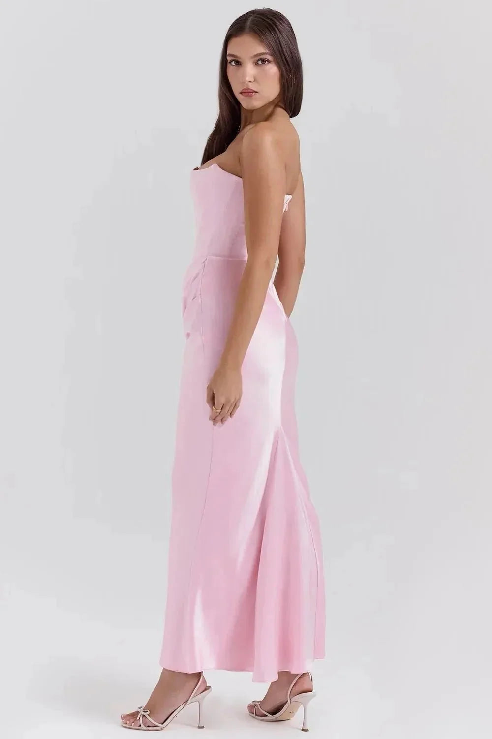Pink Women's Strapless Ruched Midi Dress — Violetta Bustier Wedding Guest - Side Profile