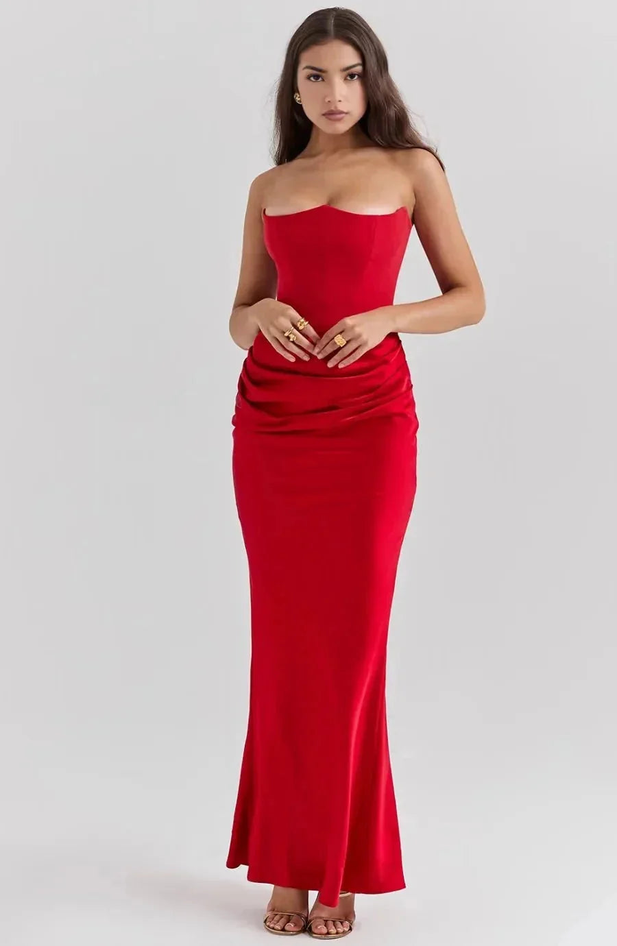Red Women's Strapless Ruched Midi Dress — Violetta Bustier Wedding Guest - Front Hands Hips