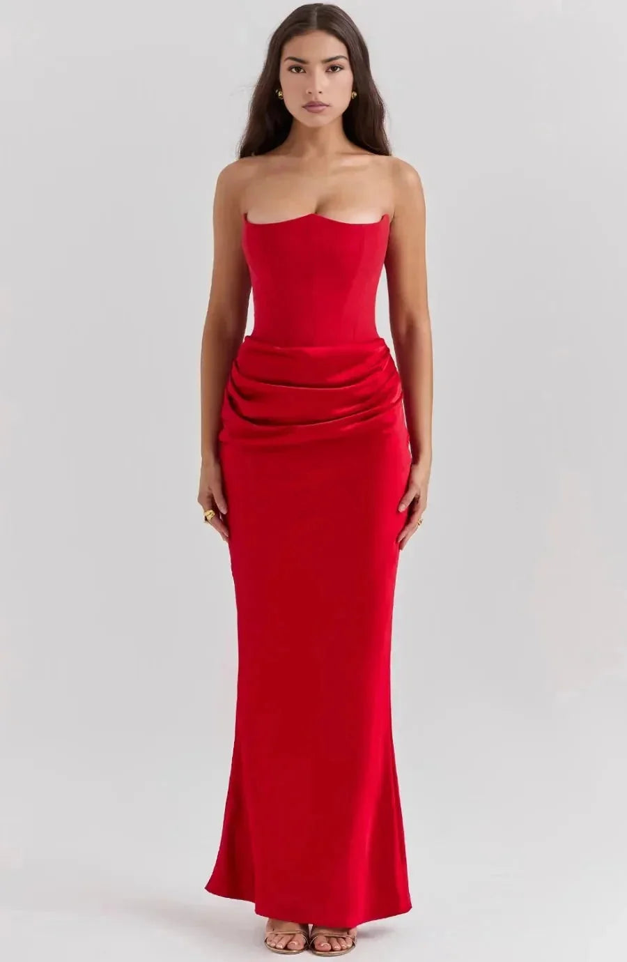 Red Women's Strapless Ruched Midi Dress — Violetta Bustier Wedding Guest - Front Hands Waist