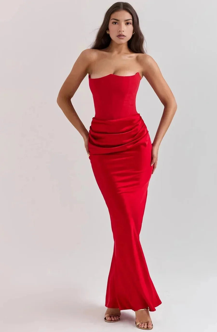 Red Women's Strapless Ruched Midi Dress — Violetta Bustier Wedding Guest - Front Straight