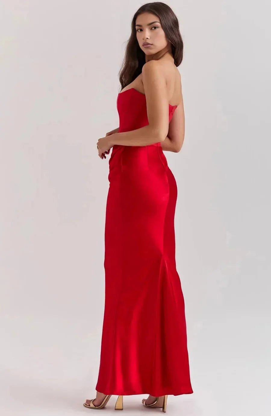 Red Women's Strapless Ruched Midi Dress — Violetta Bustier Wedding Guest - Side Turn