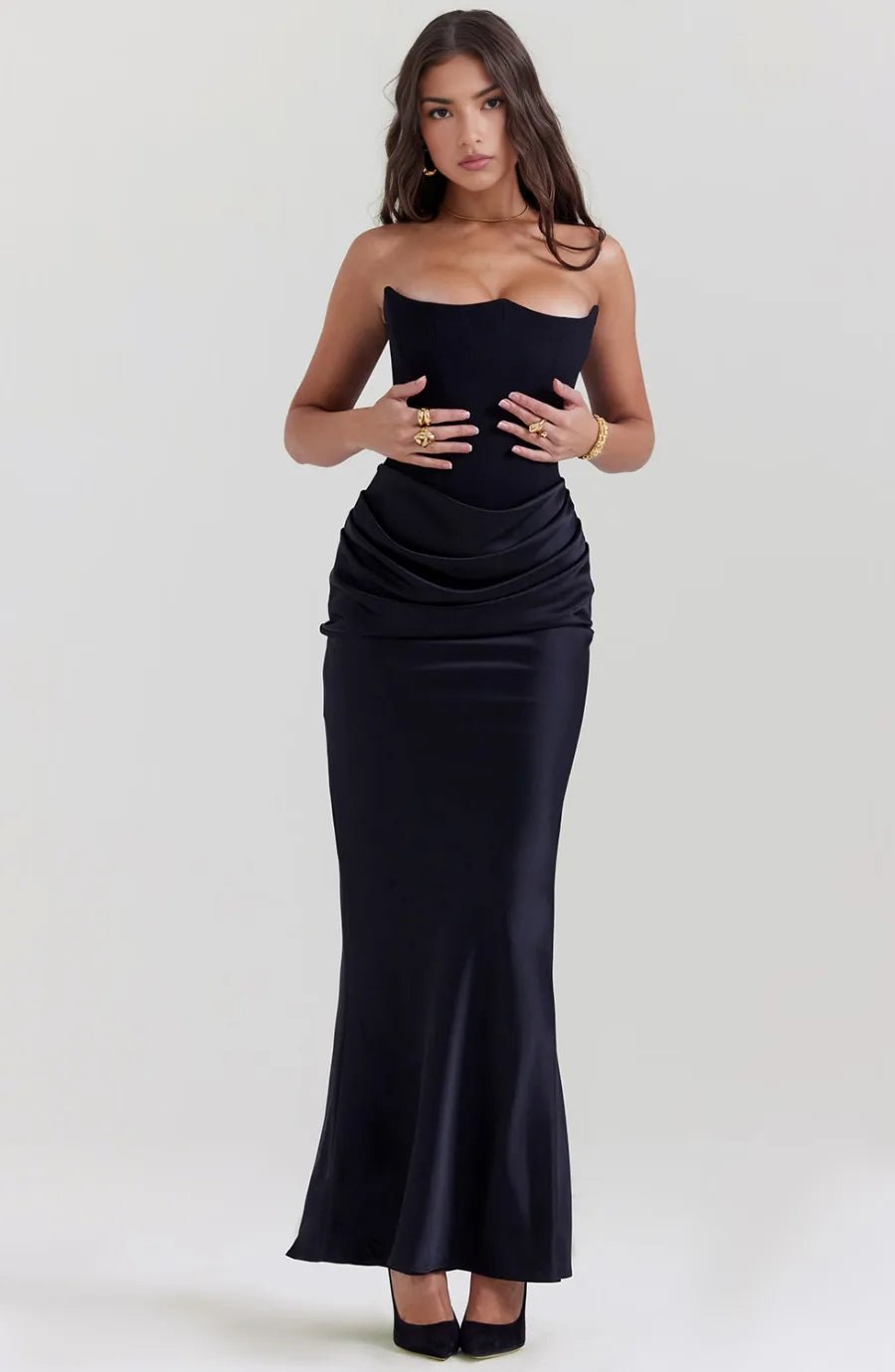 Ruby | Elegant Strapless Satin Maxi Dress with Sweetheart Neckline - Black - 10