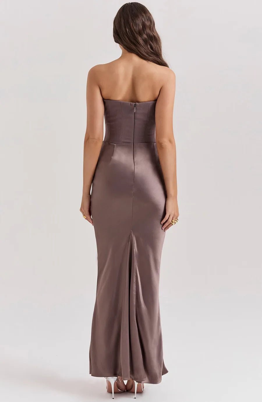 Ruby | Elegant Strapless Satin Maxi Dress with Sweetheart Neckline - Brown - 20