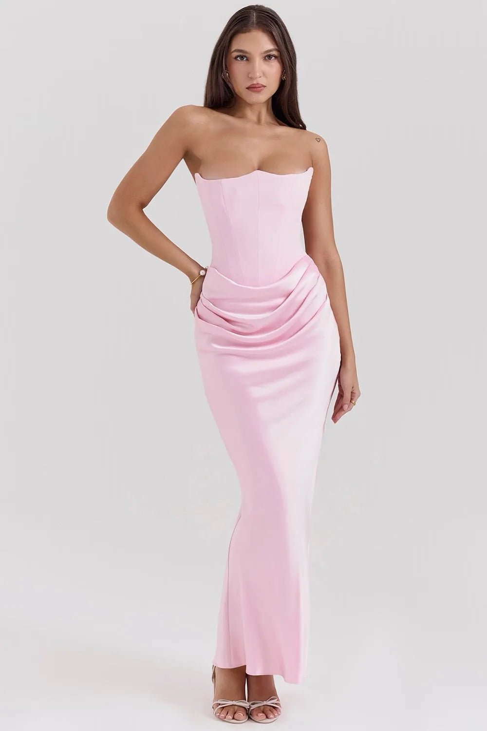 Ruby | Elegant Strapless Satin Maxi Dress with Sweetheart Neckline - Light Pink - 3