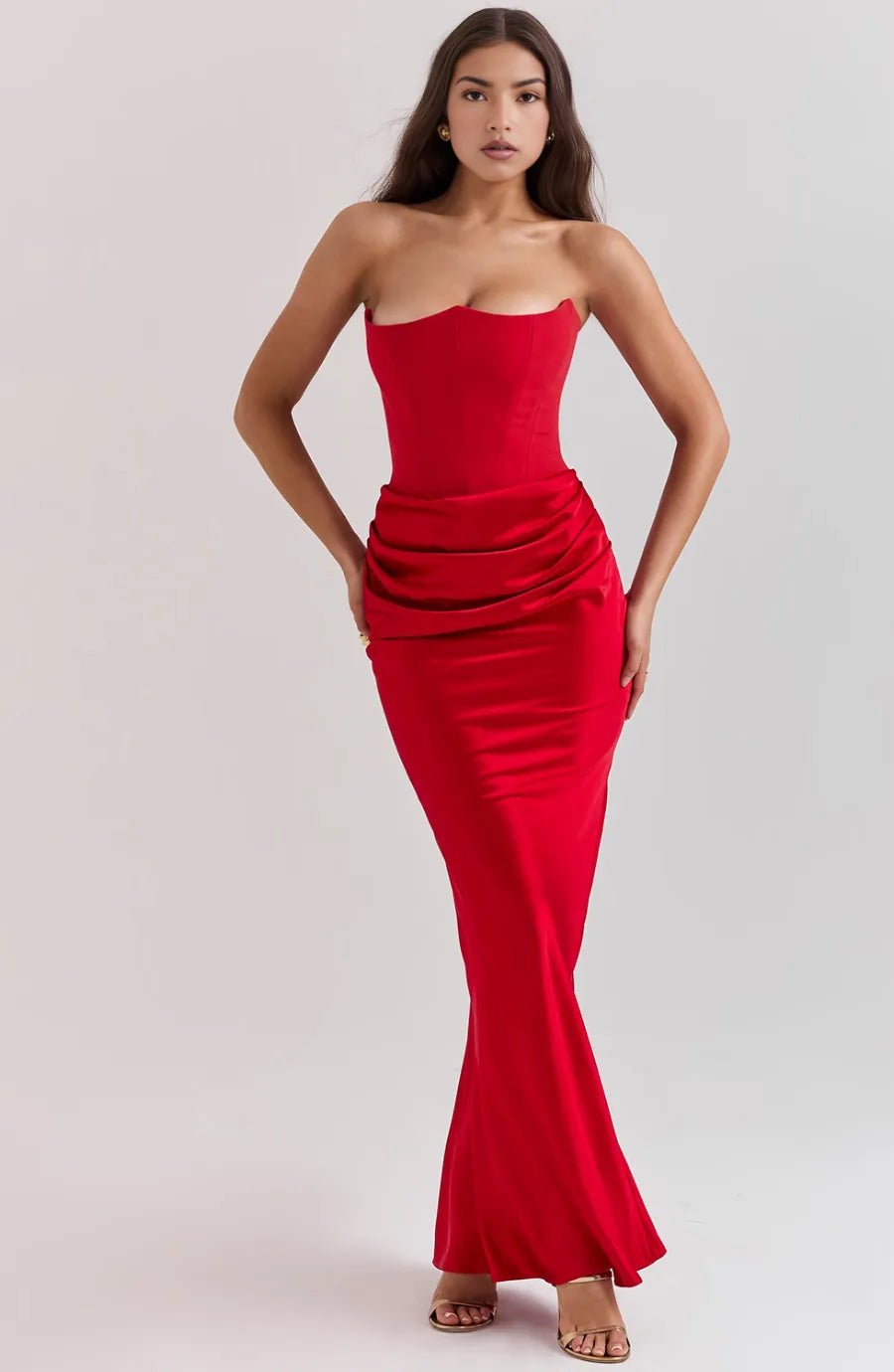 Ruby | Elegant Strapless Satin Maxi Dress with Sweetheart Neckline - Red - 16