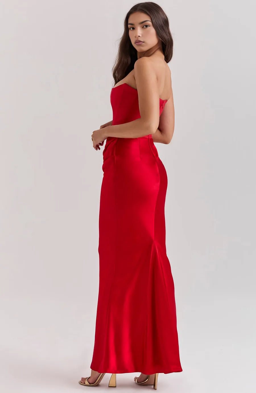 Ruby | Elegant Strapless Satin Maxi Dress with Sweetheart Neckline - Red - 14