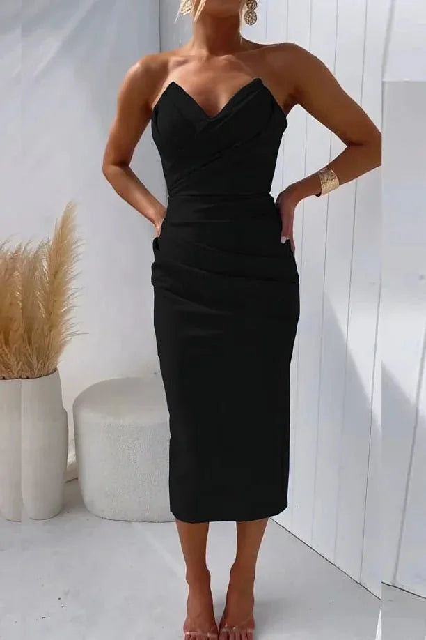 Black Women's Strapless Sweetheart Wedding Guest Dress — Bella Bodycon Ruched - Front Full
