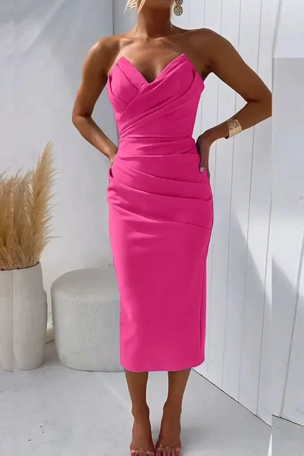 Hot Pink Women's Strapless Sweetheart Wedding Guest Dress — Bella Bodycon Ruched - Front Pose