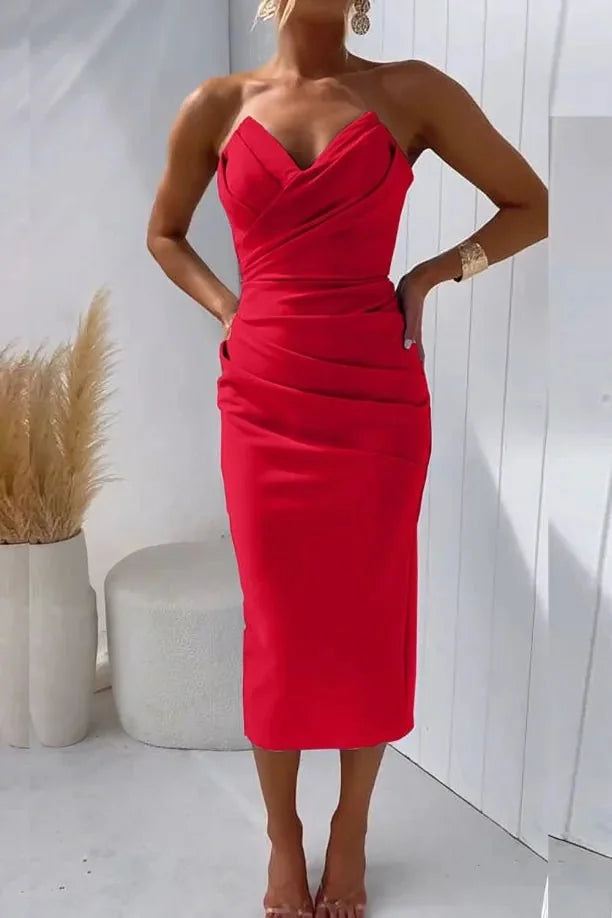 Red Women's Strapless Sweetheart Wedding Guest Dress — Bella Bodycon Ruched - Front Pose