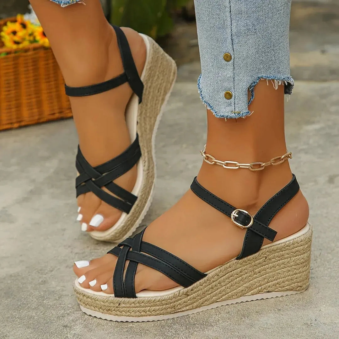Black Women's Platform Sandals — Henrietta Strappy Espadrille Wedge - Outdoor Lifestyle