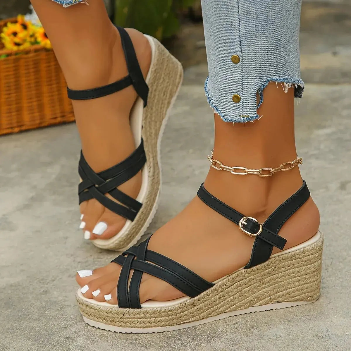 Black Women's Platform Sandals — Henrietta Strappy Espadrille Wedge - Outdoor Lifestyle