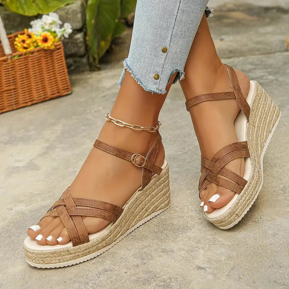 Brown Women's Platform Sandals — Henrietta Strappy Espadrille Wedge - Close Up Detail