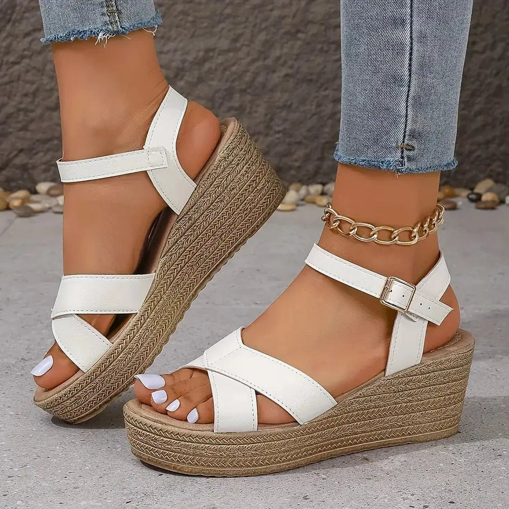 White Women's Strappy Platform Sandals — Annie Espadrille Wedge Ankle Strap - Flat Lay