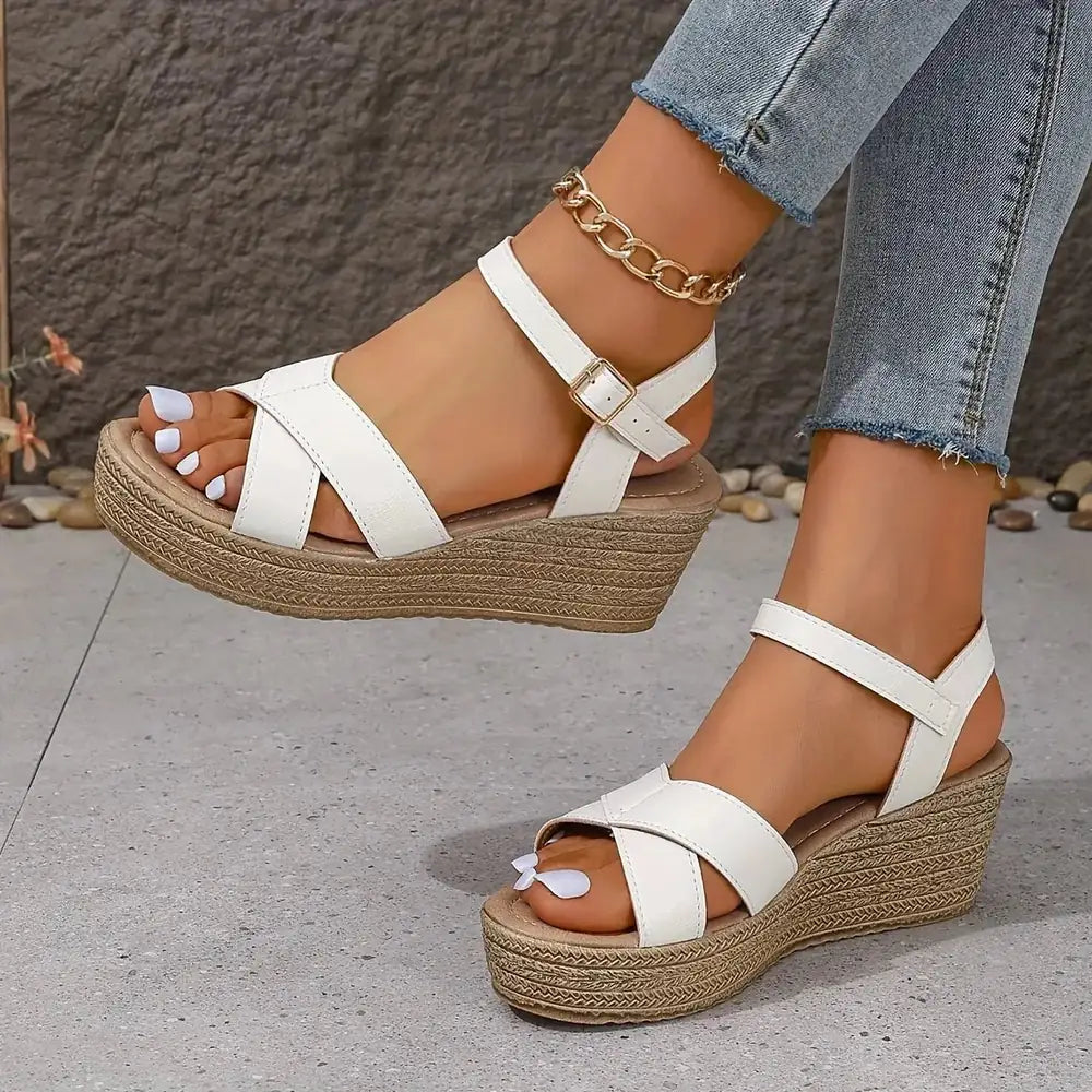 White Women's Strappy Platform Sandals — Annie Espadrille Wedge Ankle Strap - Outdoor Pose