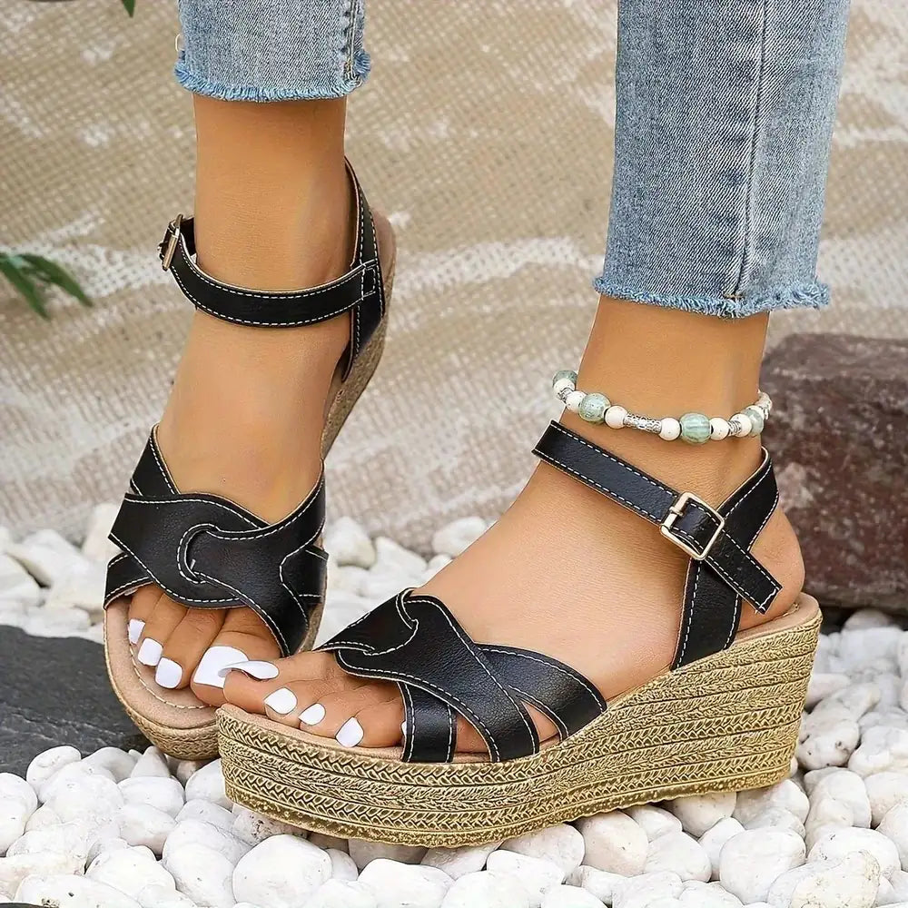 Black Women's Platform Sandals — Ember Strappy Wedge Espadrille - Worn Lifestyle