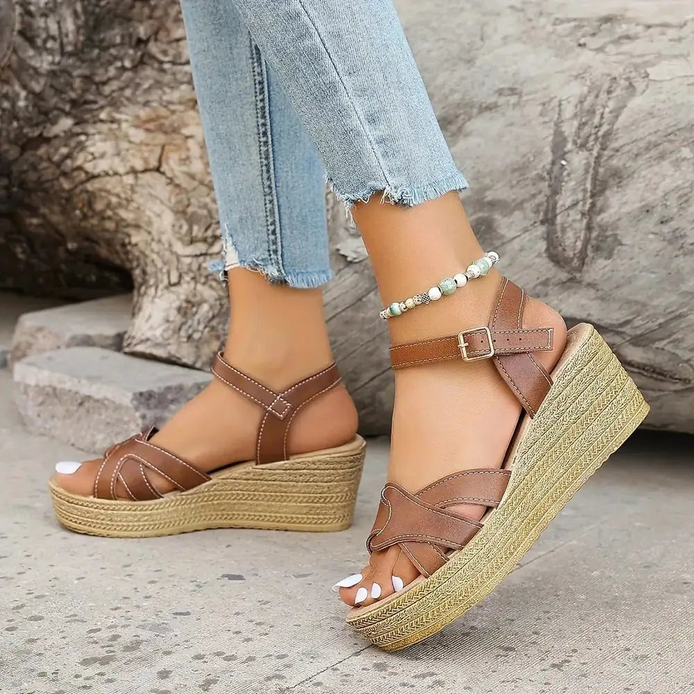 Brown Women's Platform Sandals — Ember Strappy Wedge Espadrille - Front Full