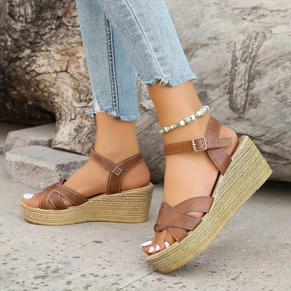 Brown Women's Platform Sandals — Ember Strappy Wedge Espadrille - Front Full