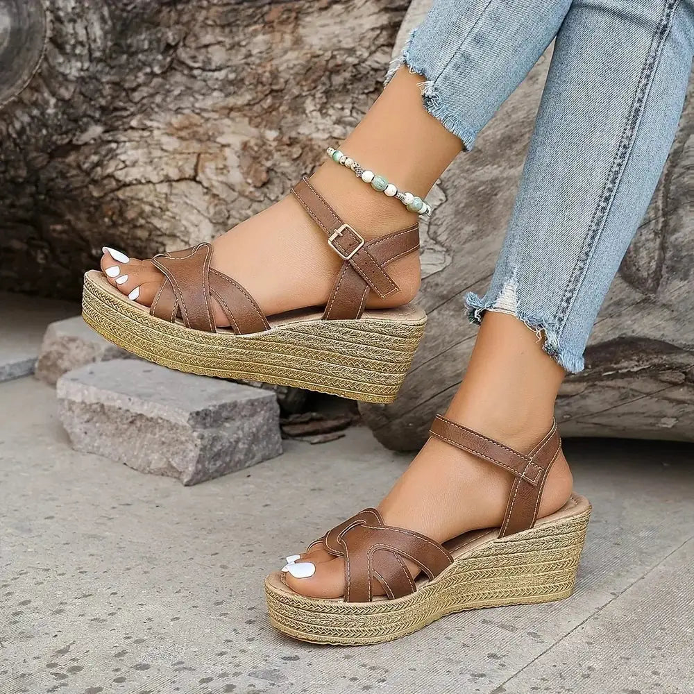 Brown Women's Platform Sandals — Ember Strappy Wedge Espadrille - Side Pose