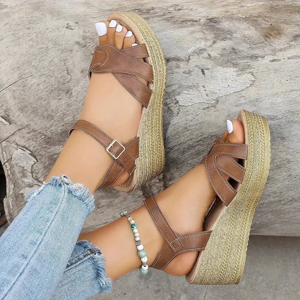 Brown Women's Platform Sandals — Ember Strappy Wedge Espadrille - Top Angle