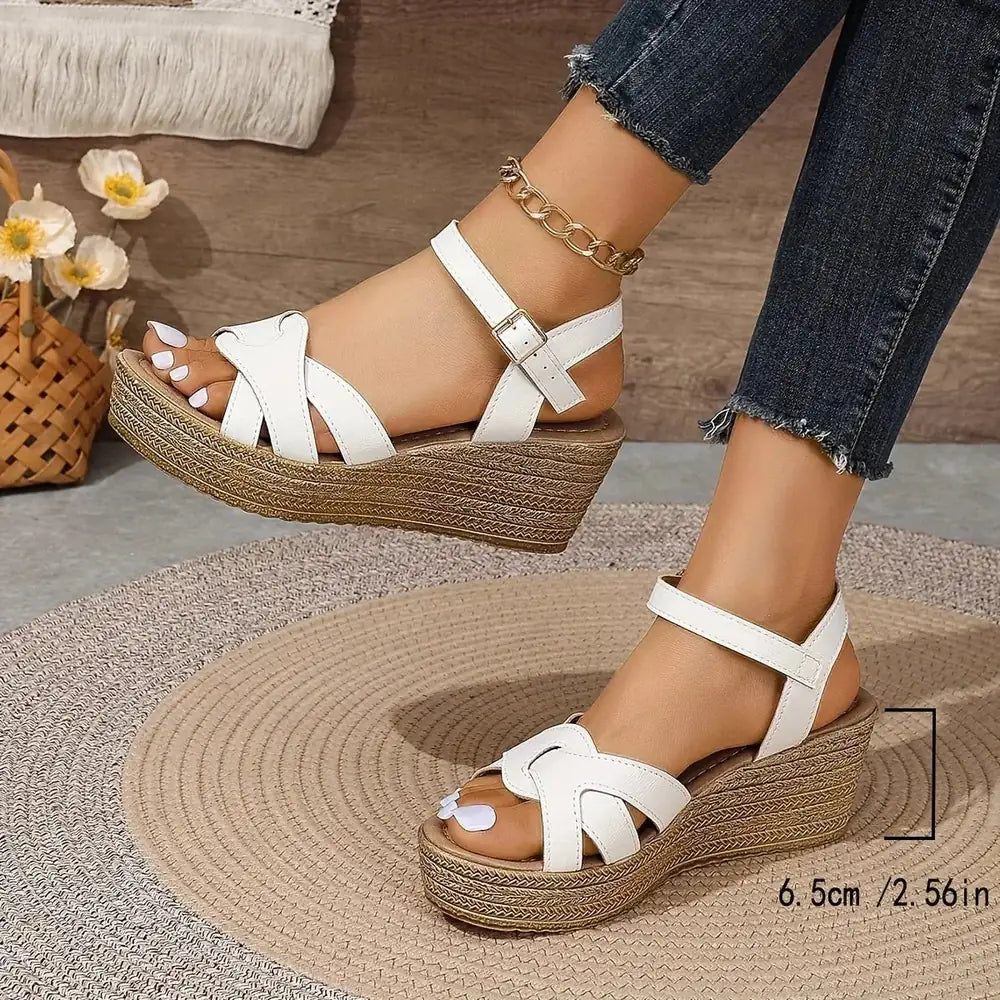 White Women's Platform Sandals — Ember Strappy Wedge Espadrille - Front Detail
