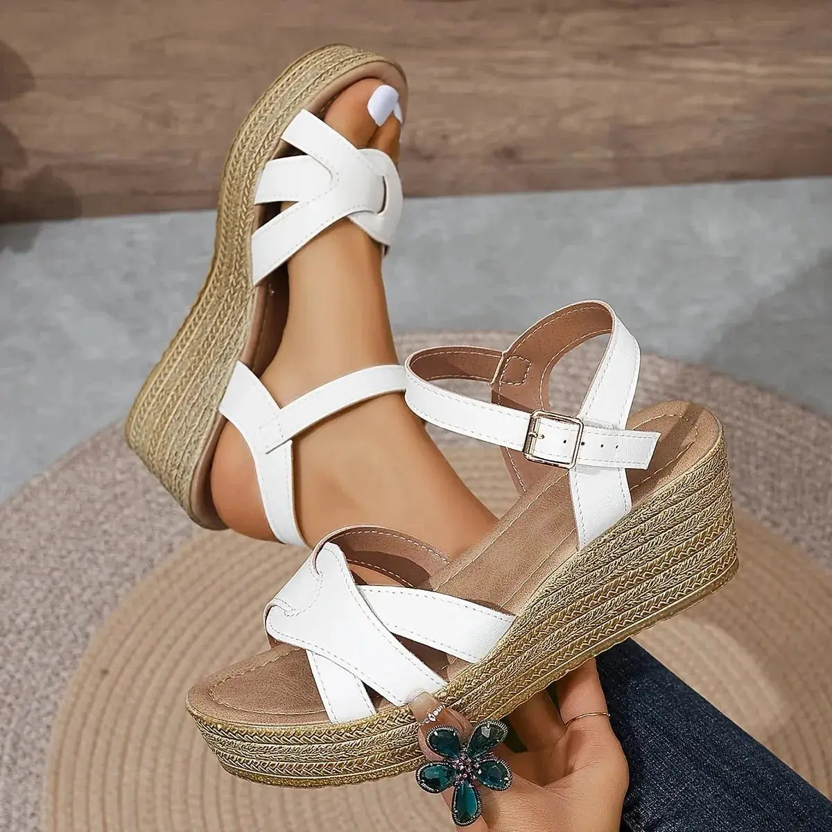 White Women's Platform Sandals — Ember Strappy Wedge Espadrille - Hand Held
