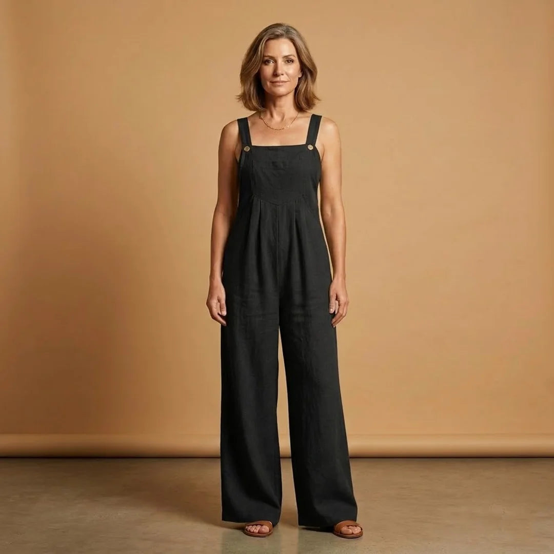 Black Women's Strappy Wide-Leg Jumpsuit — Holly Adjustable Pockets Linen - Front