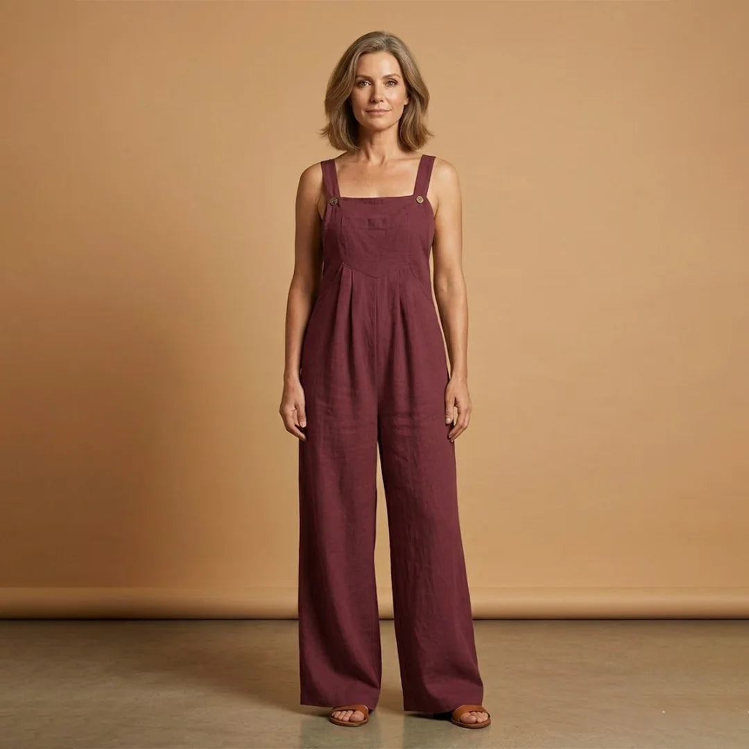 Burgundy Women's Strappy Wide-Leg Jumpsuit — Holly Adjustable Pockets Linen - Front