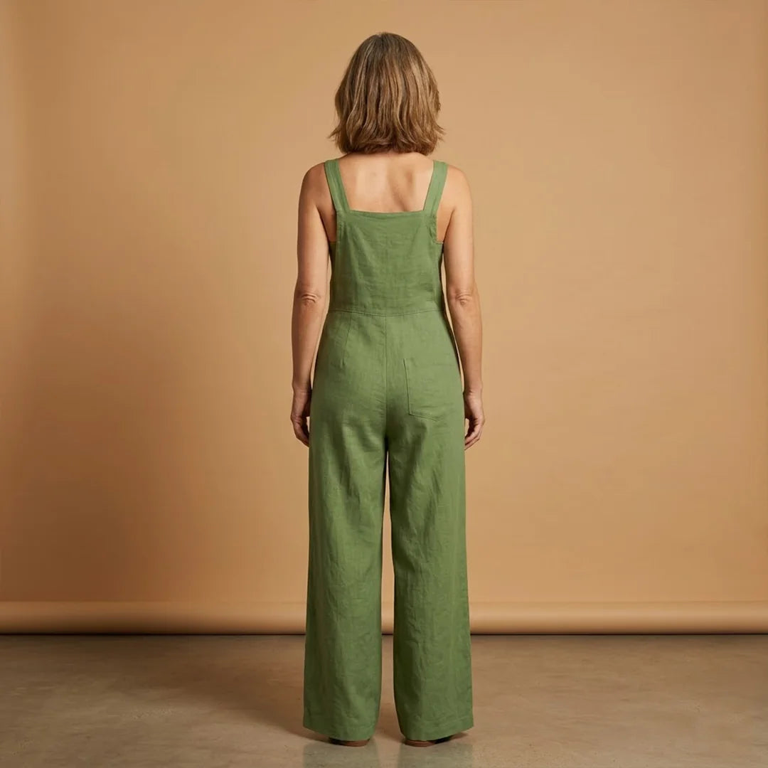 Olive Green Women's Strappy Wide-Leg Jumpsuit — Holly Adjustable Pockets Linen - Back Full