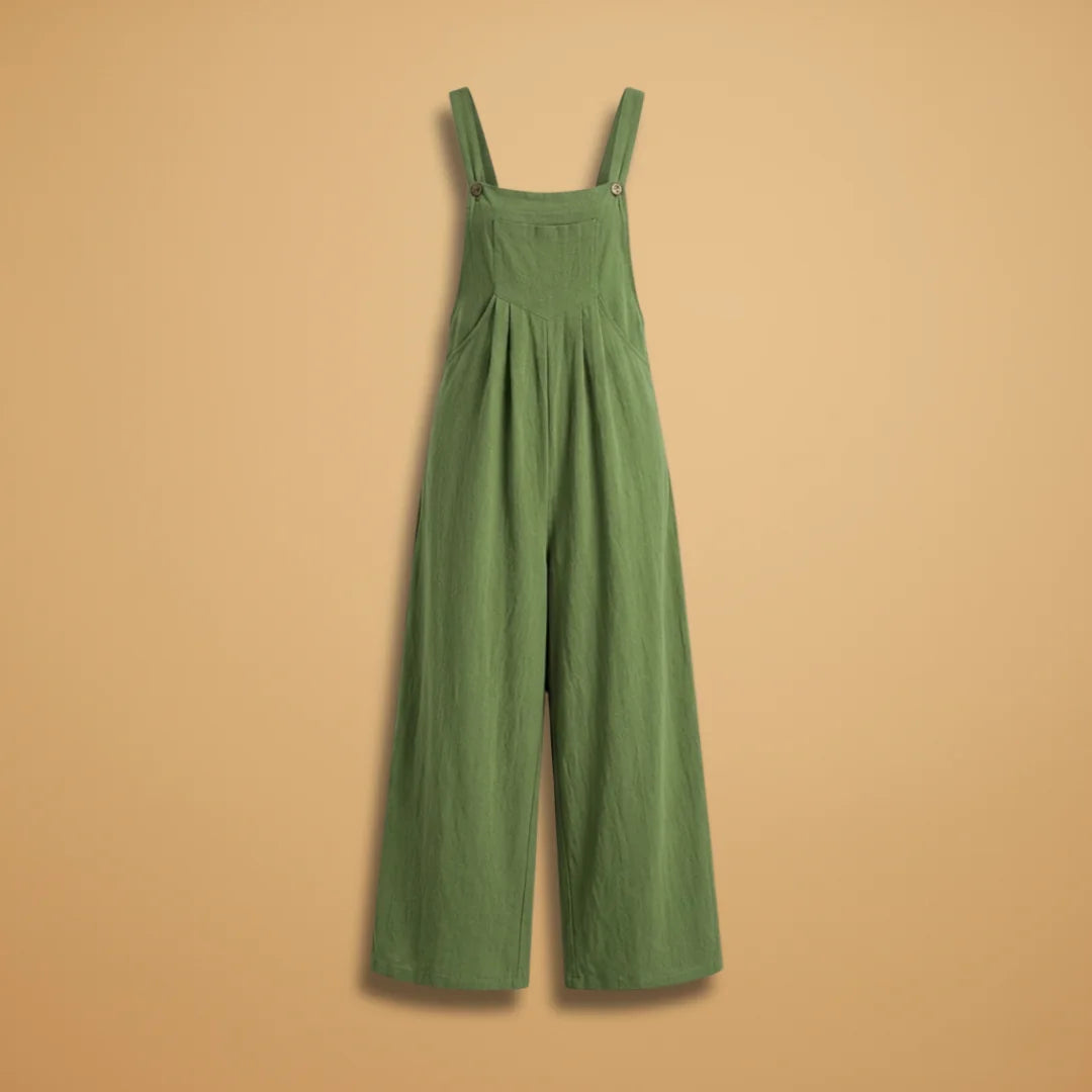 Olive Green Women's Strappy Wide-Leg Jumpsuit — Holly Adjustable Pockets Linen - Flat Lay