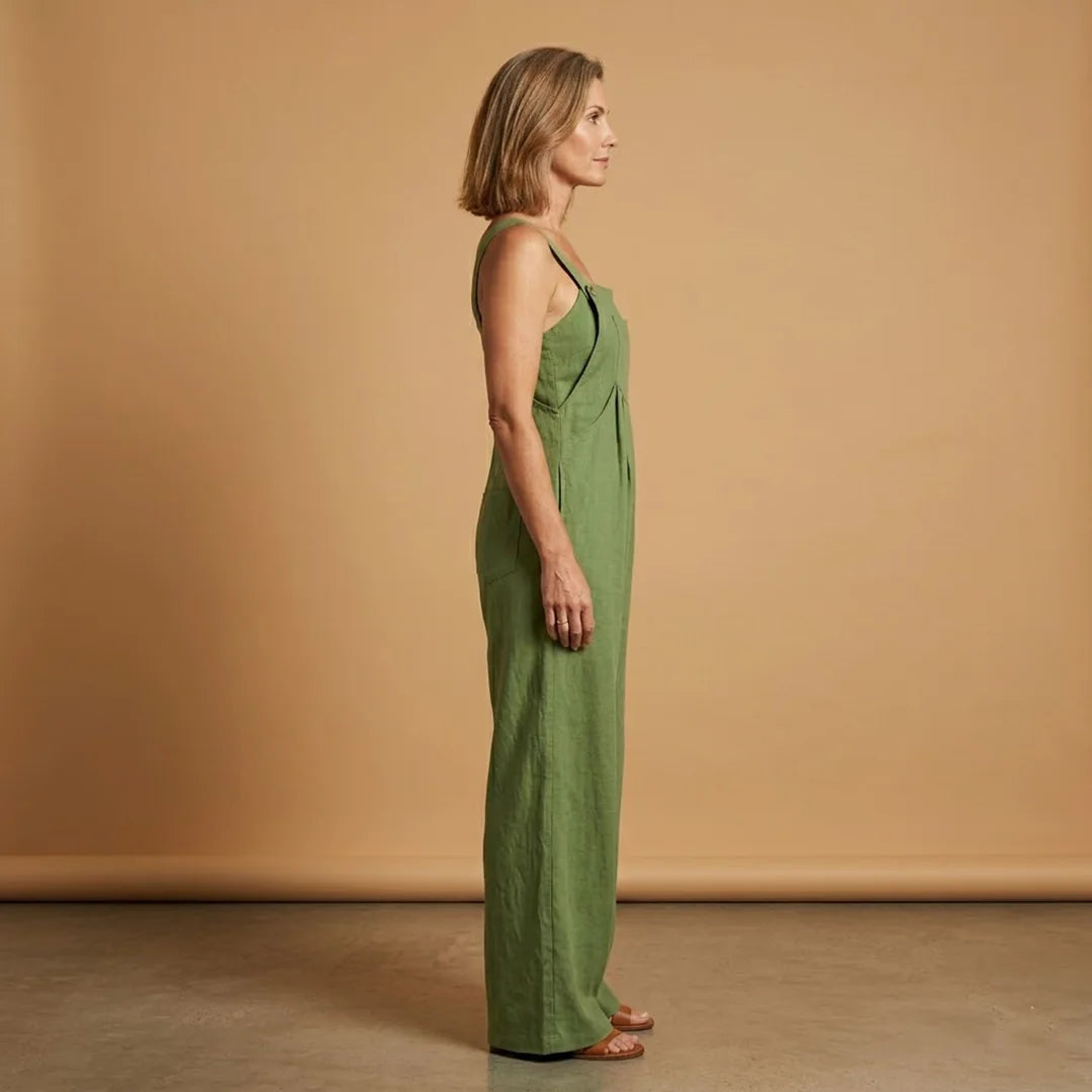 Olive Green Women's Strappy Wide-Leg Jumpsuit — Holly Adjustable Pockets Linen - Side Pose