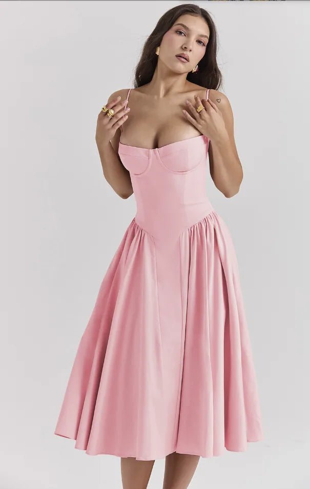 Mia | Elegant Bustier Fit and Flare Dress with Corset Detail - Pink - 16