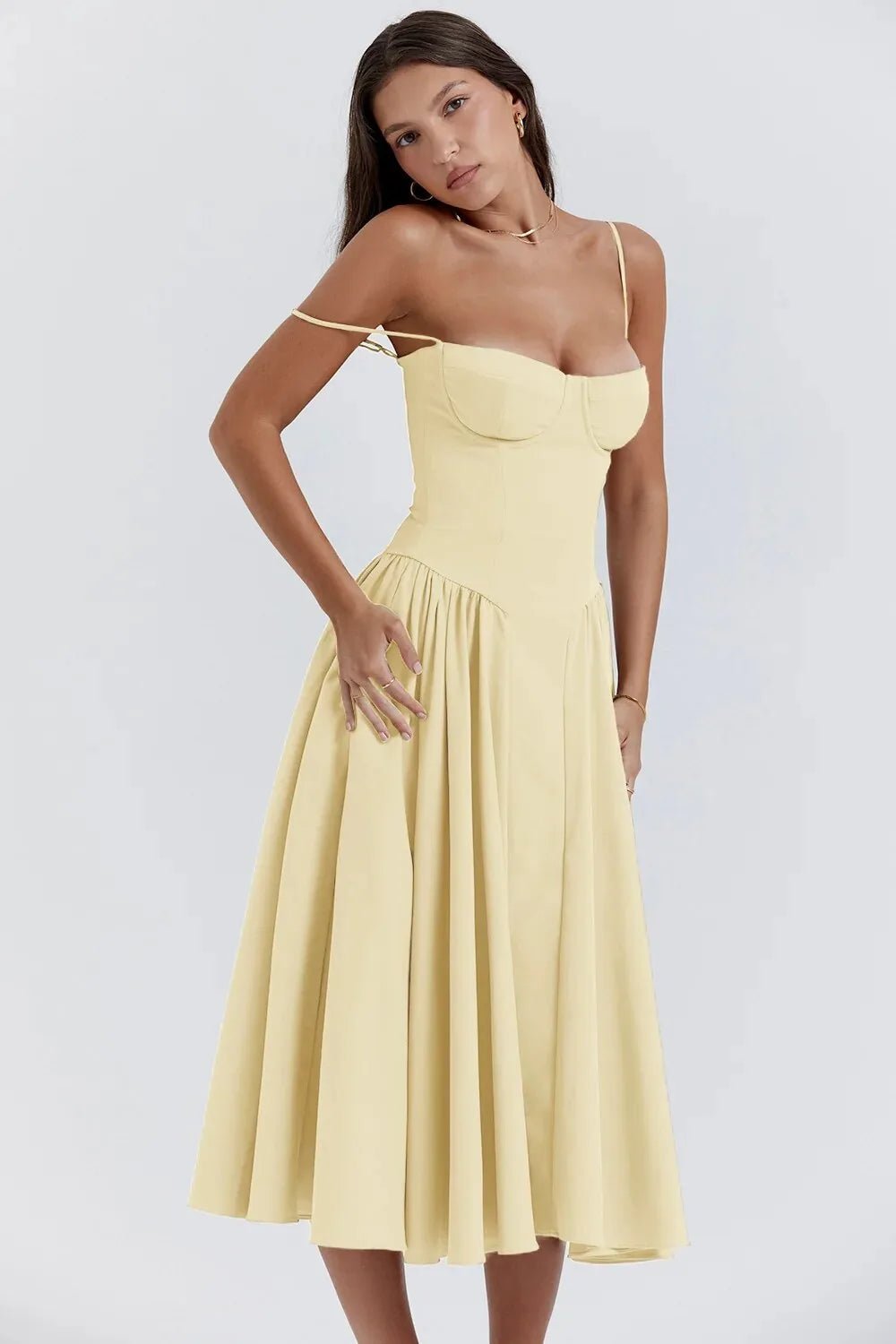 Mia | Elegant Bustier Fit and Flare Dress with Corset Detail - Yellow - 14