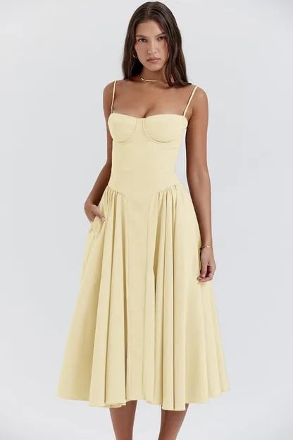 Mia | Elegant Bustier Fit and Flare Dress with Corset Detail - Yellow - 13