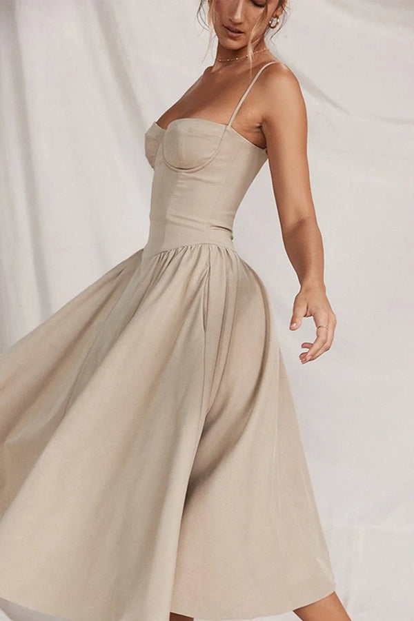 Camille | Elegant Bustier Midi Dress With Sweetheart Neckline - Beige - 1