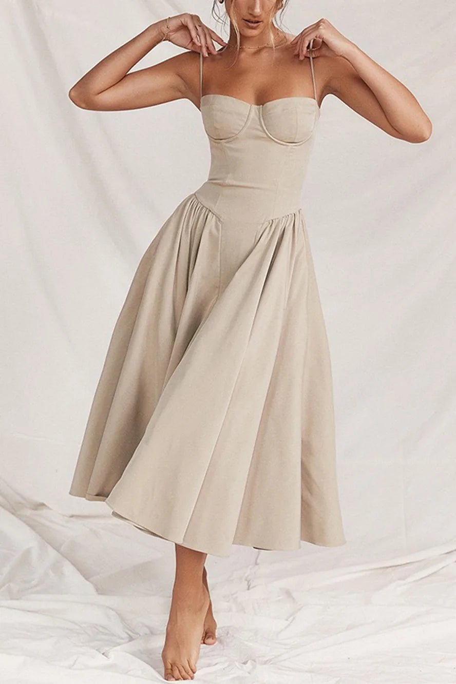 Camille | Elegant Bustier Midi Dress With Sweetheart Neckline - Beige - 2