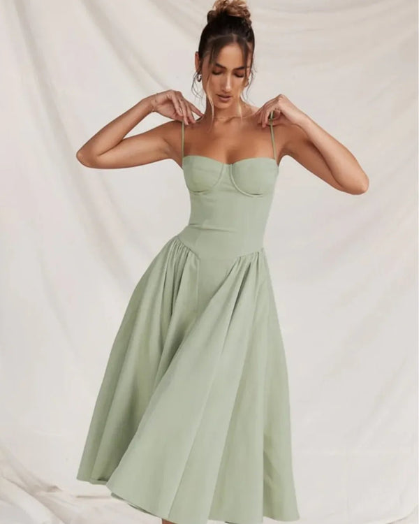 Vivienne | Elegant Structured Bustier Midi Dress - Light Green - 1