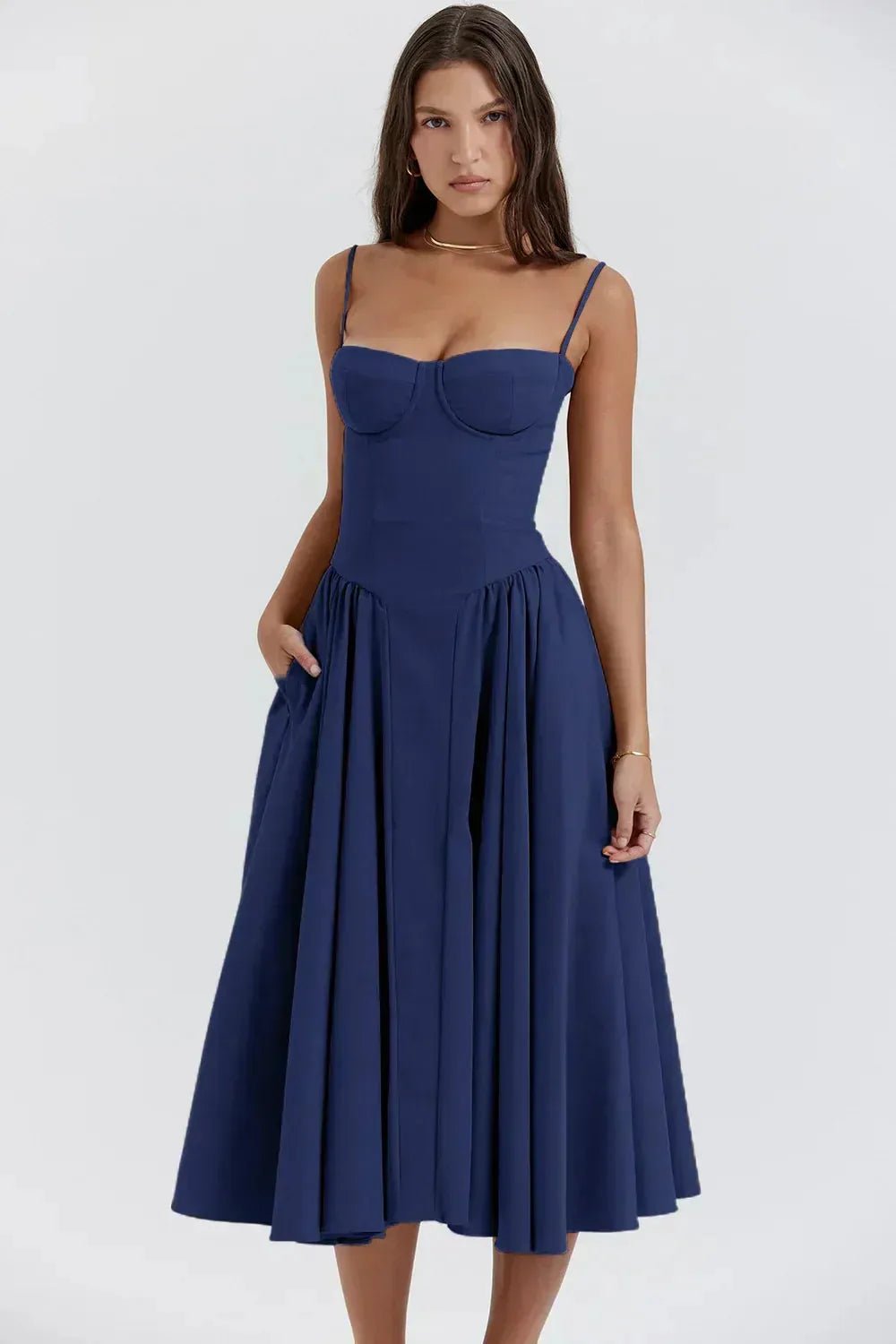 Vivienne | Elegant Structured Bustier Midi Dress - Navy Blue - 4