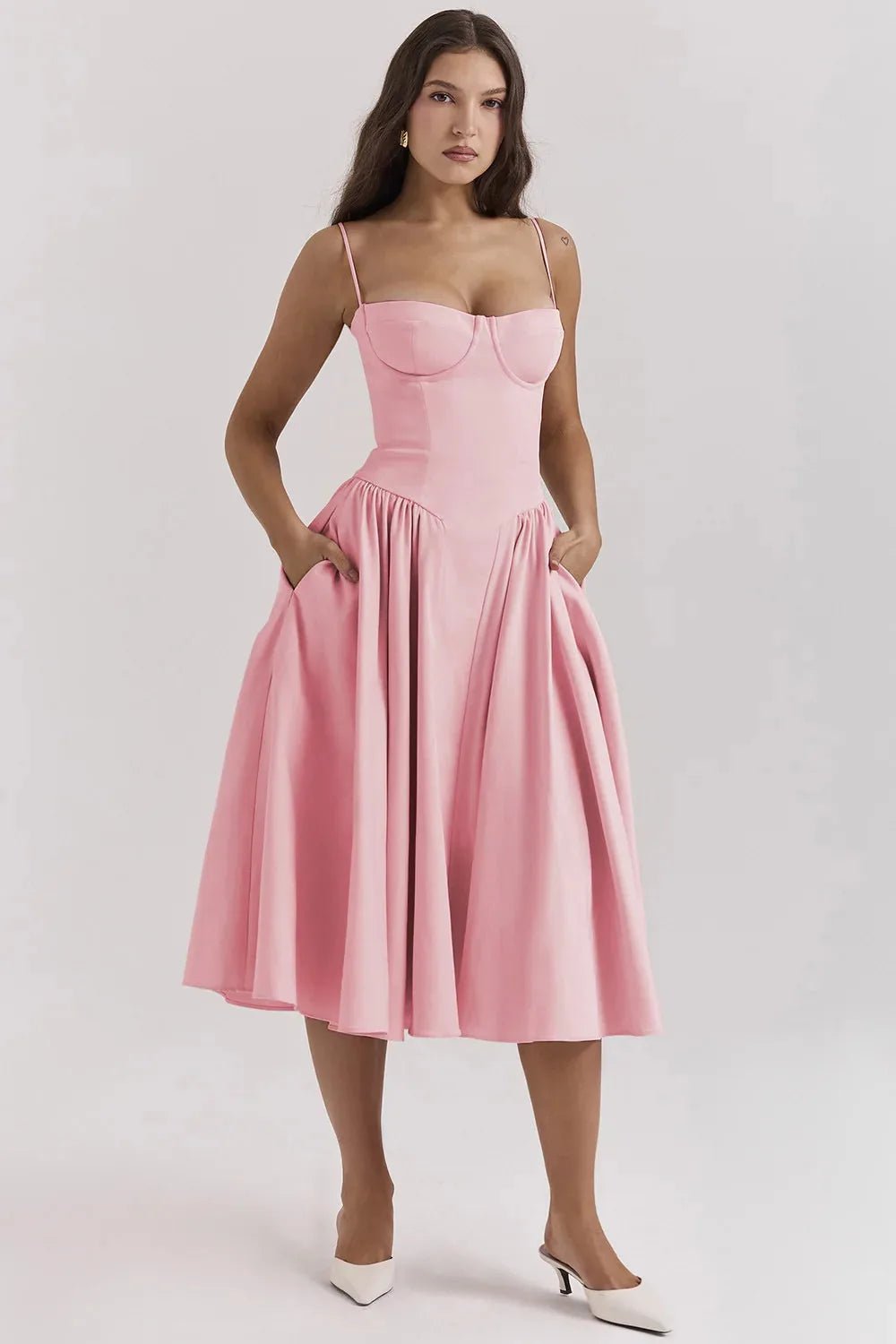 Vivienne | Elegant Structured Bustier Midi Dress - Pink - 17