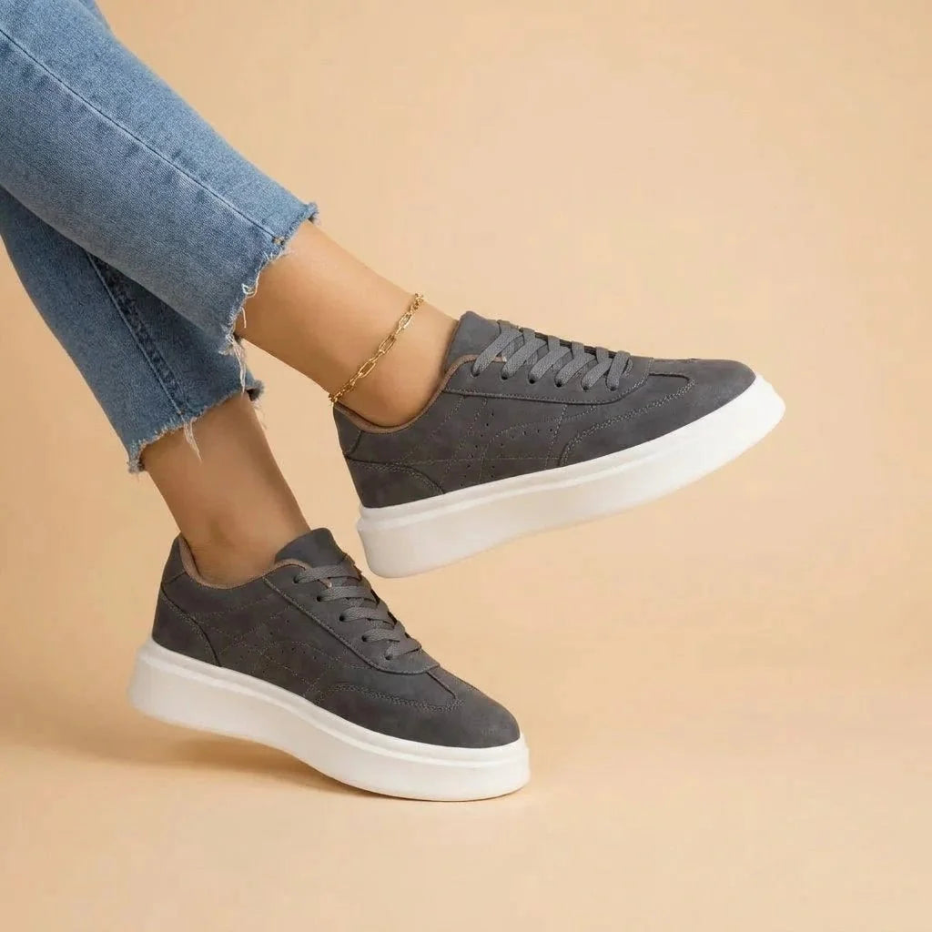 Dark Gray Women's Suede Platform Sneakers — Gloria Lace-Up Lightweight Casual - Worn Lifestyle