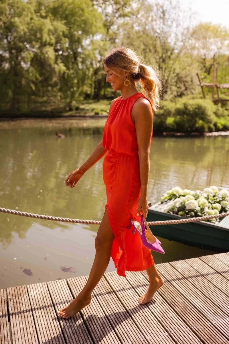 Orange Women's Summer Halter Midi Dress — Felicity Tie Detail Sleeveless - Front Full