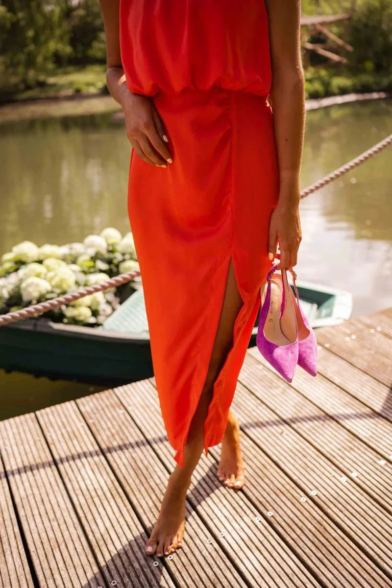 Orange Women's Summer Halter Midi Dress — Felicity Tie Detail Sleeveless - Model Walking