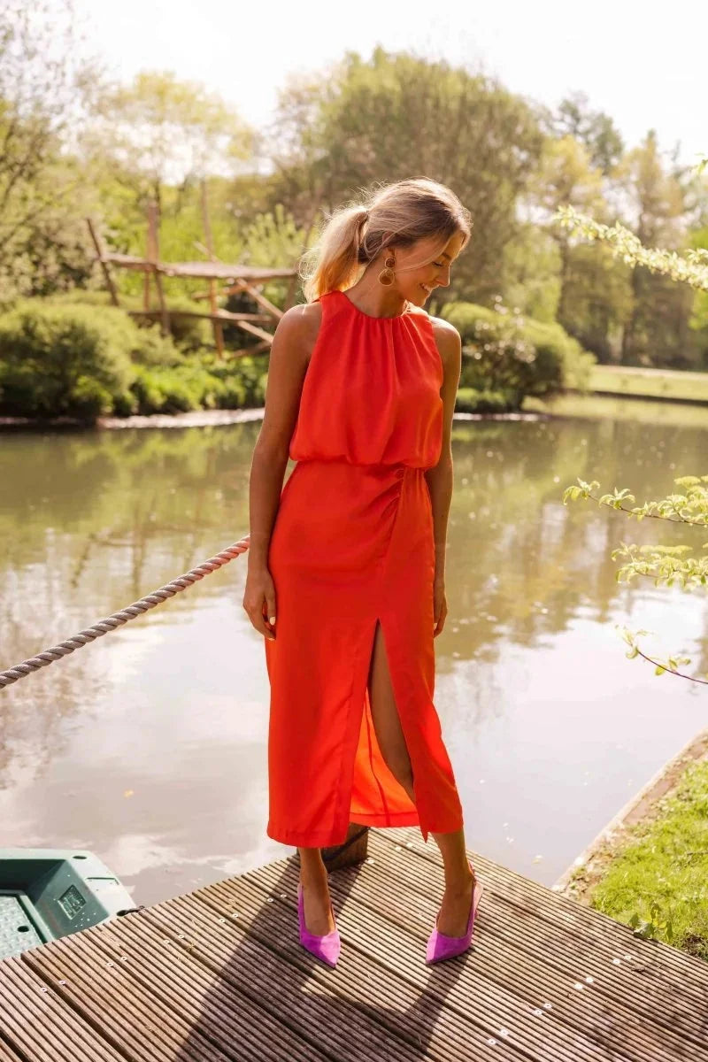 Orange Women's Summer Halter Midi Dress — Felicity Tie Detail Sleeveless - Side Pose