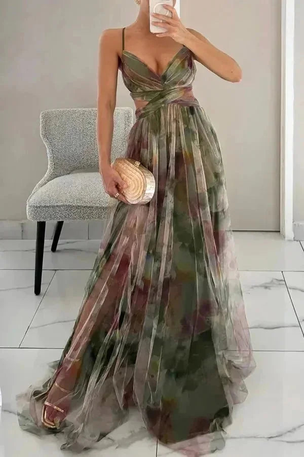 Dark Green Women's Summer Wedding Guest V-Neck Maxi Dress — Fleur Tie Detail Flowy - Front Pose