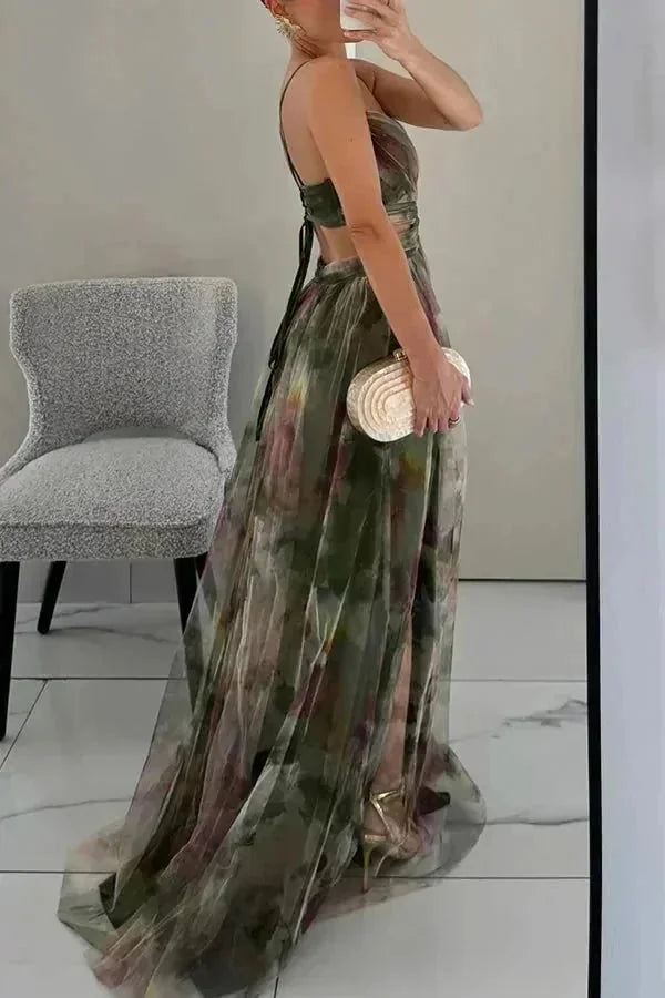 Dark Green Women's Summer Wedding Guest V-Neck Maxi Dress — Fleur Tie Detail Flowy - Side Profile