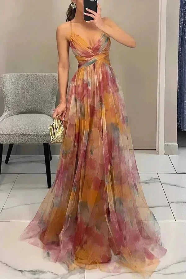 Peach Women's Summer Wedding Guest V-Neck Maxi Dress — Fleur Tie Detail Flowy - Front Centered