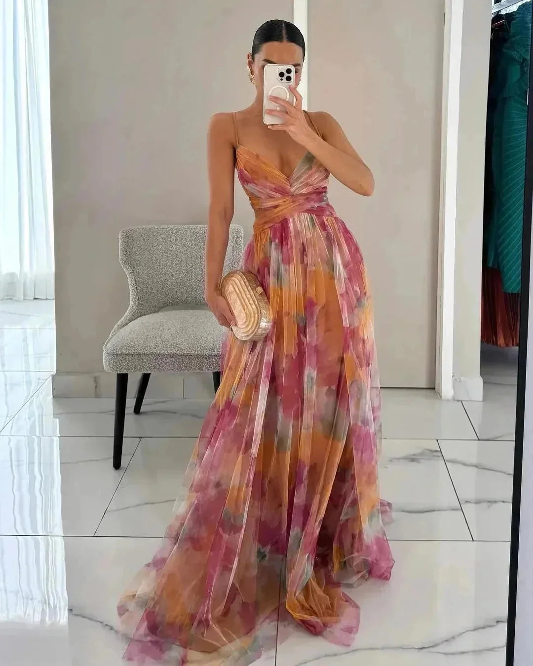 Peach Women's Summer Wedding Guest V-Neck Maxi Dress — Fleur Tie Detail Flowy - Front Full