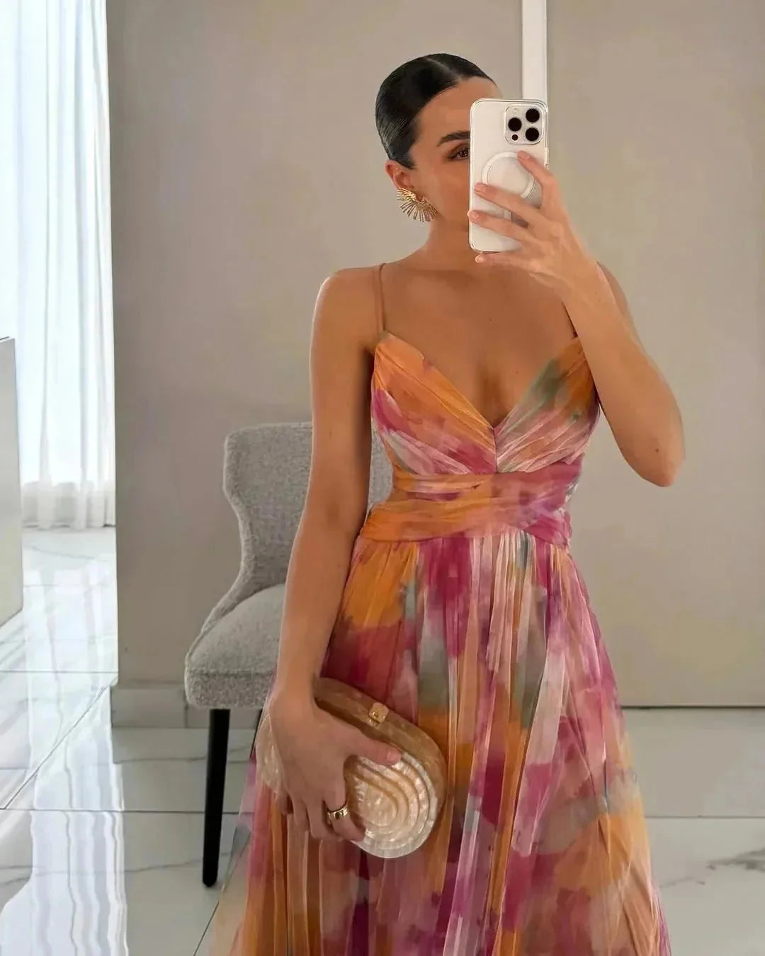 Peach Women's Summer Wedding Guest V-Neck Maxi Dress — Fleur Tie Detail Flowy - Front Pose