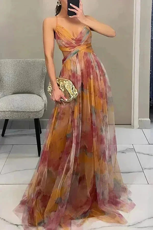 Peach Women's Summer Wedding Guest V-Neck Maxi Dress — Fleur Tie Detail Flowy - Front Straight
